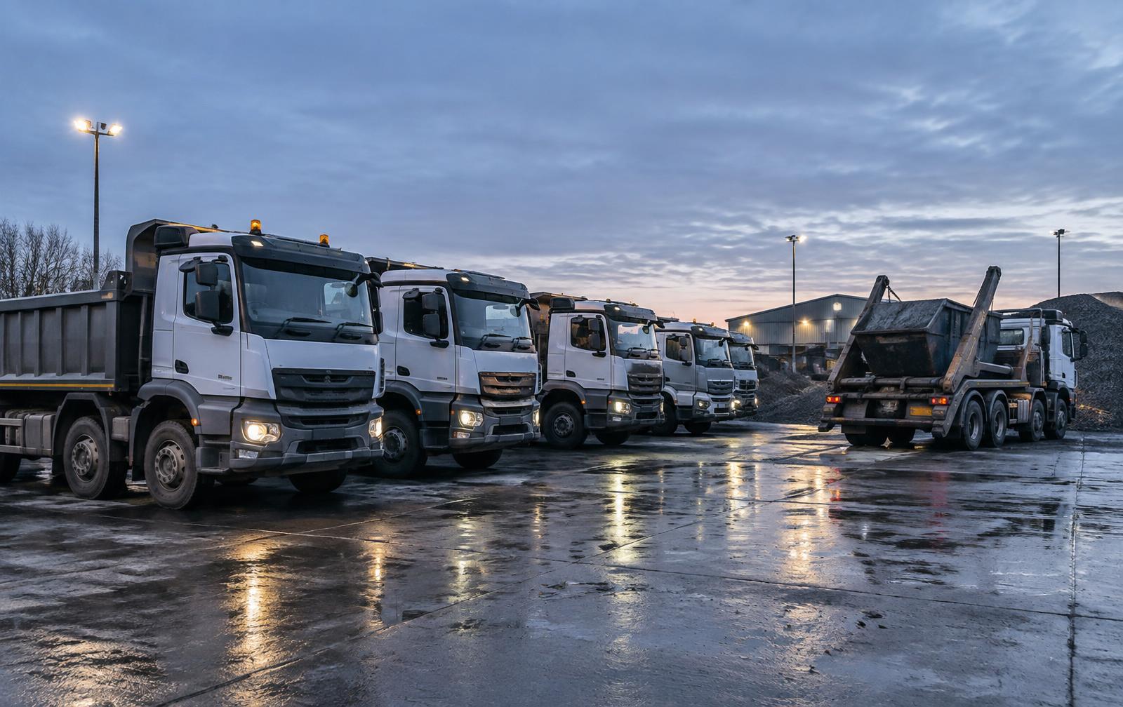 Tipper trucks and a skip loader lined up in a fleet yard