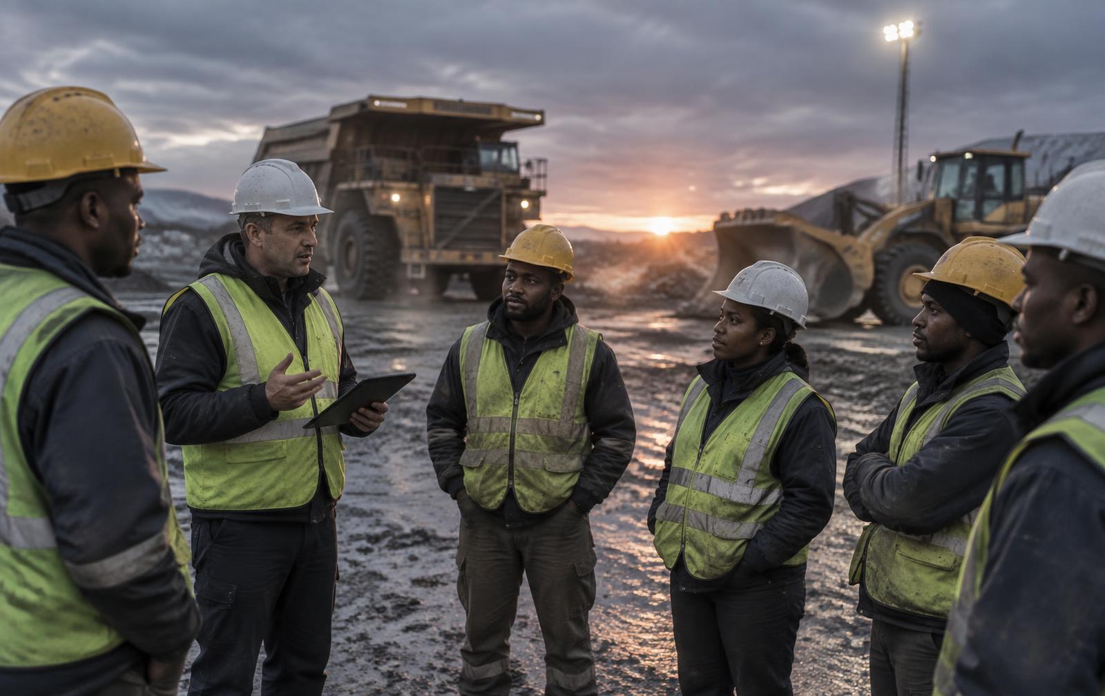 Supervisor holding a tablet giving a toolbox talk to a crew, with a haul truck and wheel loader behind them