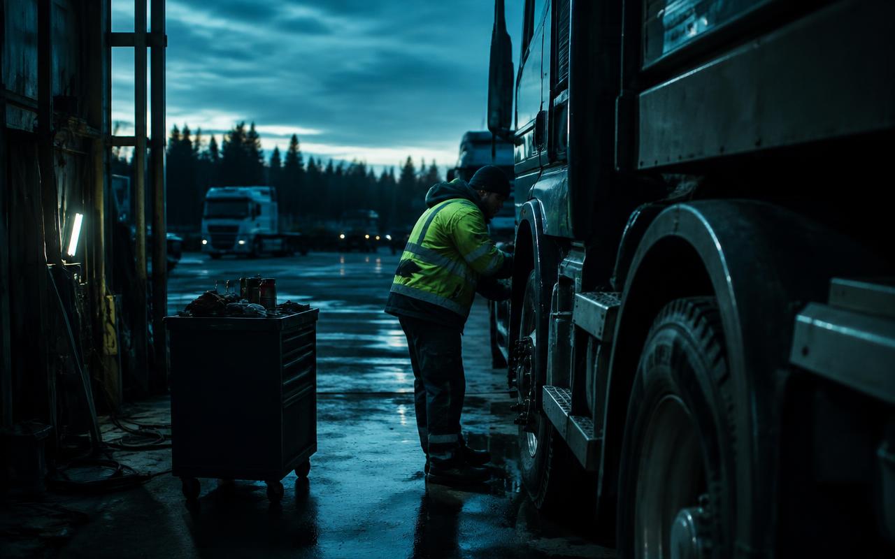 Mechanic in high-visibility clothing working on a heavy truck